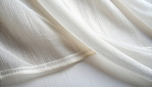 Crisp white organza fabric close-up with transparent plain weave and hem detail in soft light