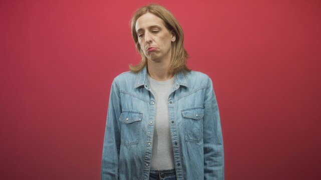 Woman pouting mouth with head tilt and slumped shoulders in studio red wall, denim shirt; quiet disappointment.