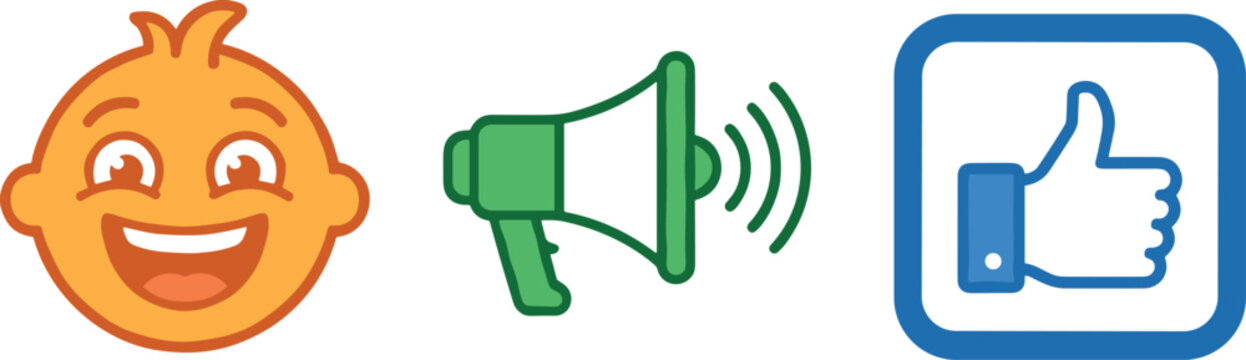 Cute emoji face, megaphone announcement and like thumbs up icons representing social media reaction, marketing promotion and communication concept