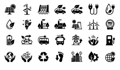 Fototapeta premium Flat design green energy icons set with modern sustainability symbols and renewable power vectors isolated