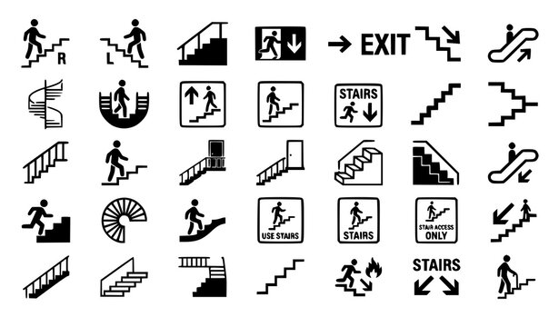 Flat design wayfinding icons set with bold stairs elevator and escalator public pictogram vectors isolated