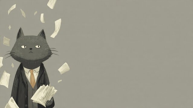 Stressed Black Cat in Corporate Suit Holding Falling Documents for Workload Management and Office Crisis Ad