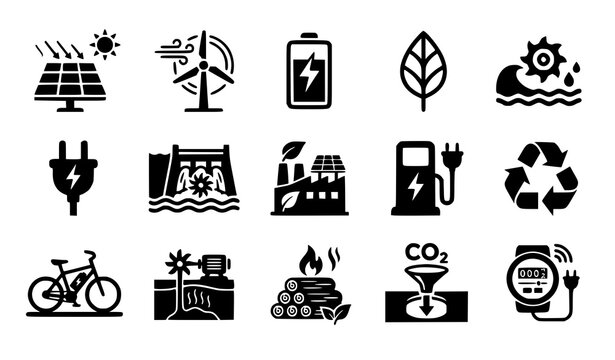 Hand drawn doodle green energy vector set with sketchy sustainability icons and eco power doodle symbols