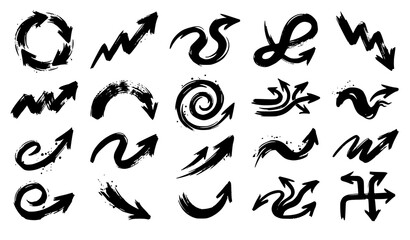 Obraz premium Hand drawn ink brush arrows vector set with textured black paint pointer symbols isolated on white background