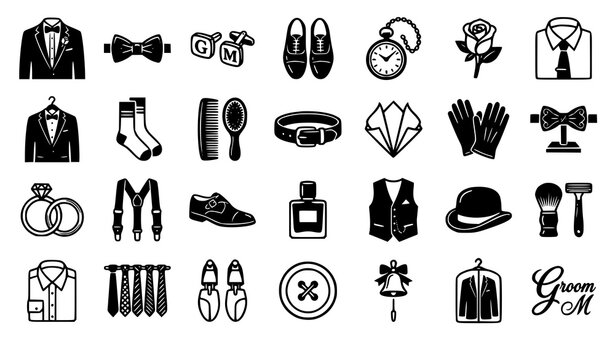 Flat design mens formalwear icon set with modern wedding groom accessories and luxury fashion vectors isolated