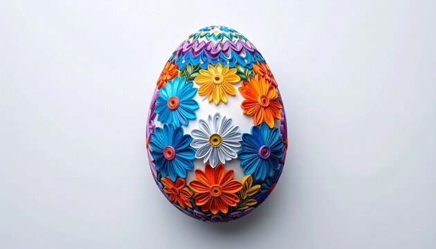 Colorful floral egg decorated with vibrant symmetrical flower patterns.