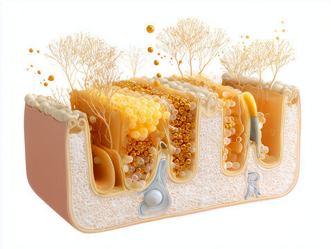 Human skin sweat gland anatomy illustration showing integumentary cross section with eccrine gland duct dermal layers epidermis and cutaneous architecture in warm amber gold tones on white background