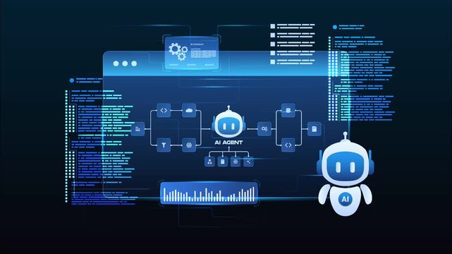 AI agent automation workflow interface with automation pipeline, coding and digital network, looped animation