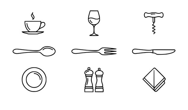 Minimalist kitchen utensils line art vector icons set with modern restaurant cutlery and dining symbols on white background