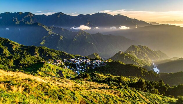 A serene mountain landscape with clouds and a small town