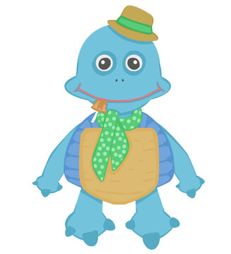 a cute happy blue turtle with mini hat and scarf
