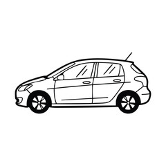 Fototapeta premium Simple black and white line art drawing of a modern hatchback car in side profile.