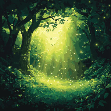 A serene forest teeming with light, showcasing lush greenery and enchanting fireflies dancing in the ambiance.