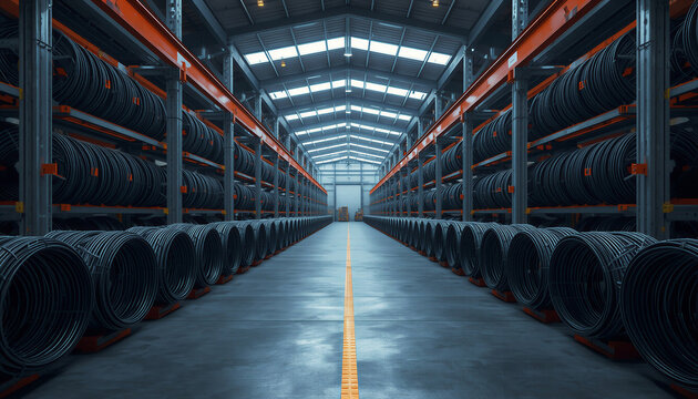 Organized inventory of industrial cable spool products stored efficiently in a vast warehouse facility