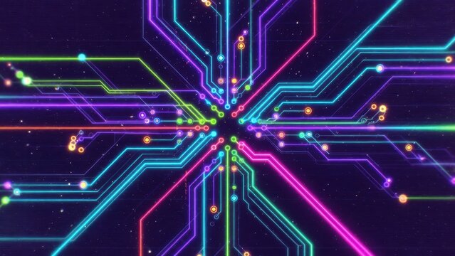 Circuit traces converging toward center on tech board