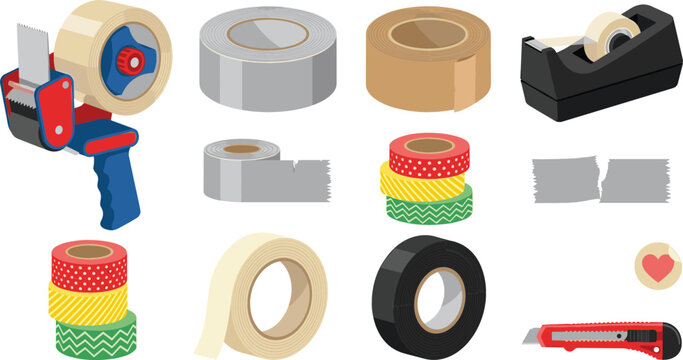Adhesive Tape Collection Vector Illustration Featuring Packing Tape Duct Tape Masking Tape and Utility Cutter Tools