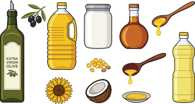 Cooking Oil and Natural Ingredient Collection Vector Illustration Featuring Olive Oil Sunflower Oil Coconut and Honey Bottles