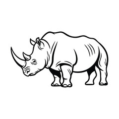 Fototapeta premium Black and white outline illustration of a powerful rhinoceros in side profile, showcasing its distinctive horn and thick skin.
