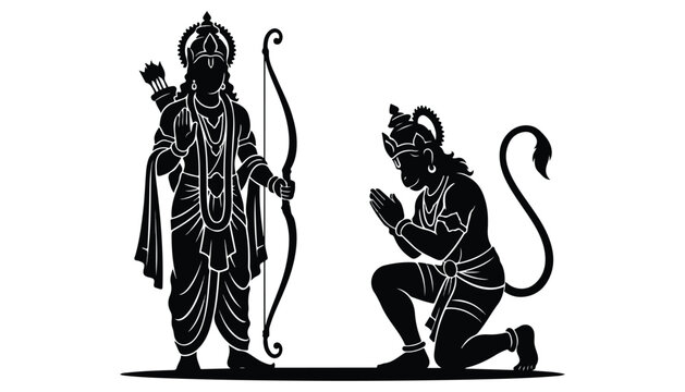 black and white silhouette of Lord Ram and Hanuman very high quality vector illustration.