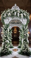 Fototapeta premium Beautiful wedding arch decorated with white flowers and green leaves inside a grand church building for a romantic marriage ceremony event