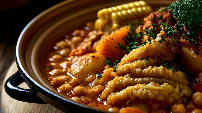 Colombian Mondongo, comforting stew of tender tripe slow-cooked with chickpeas, potato, carrot, corn, and fresh seasonings