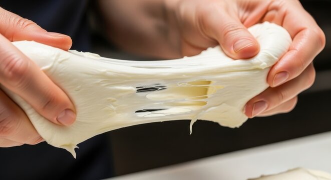 A pair of hands gently handling and stretching mozzarella cheese on a surface, showcasing texture.