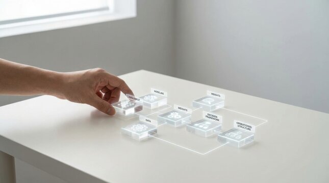 Person's hand delicately placing a glass block on a table illustrating innovative concepts of decision intelligence systems