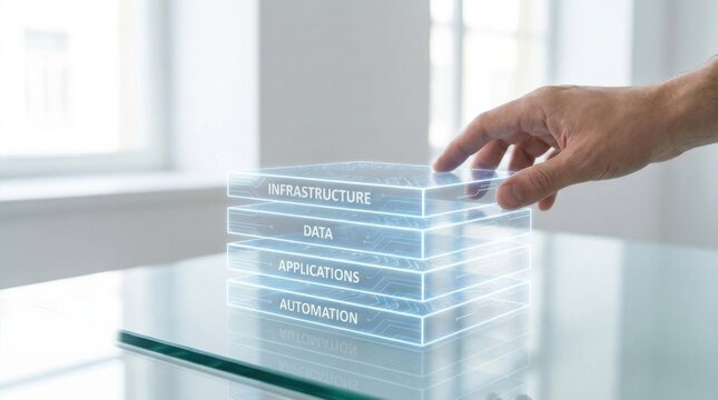 Person's hand engaging with a stack of boxes while organizing digital layers in a modern technology-driven environment