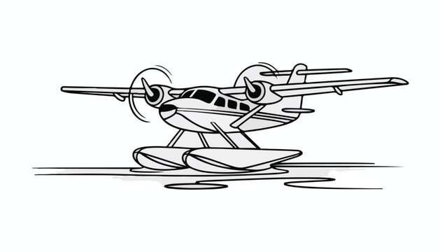 One continuous line illustration of an twin-engine seaplane , isolated on white background.
