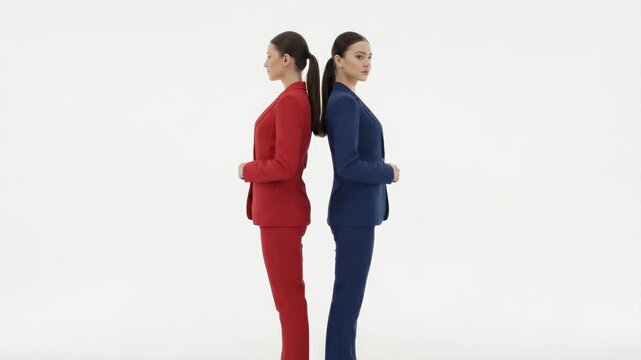 Two Women in Suits Facing Opposite Directions