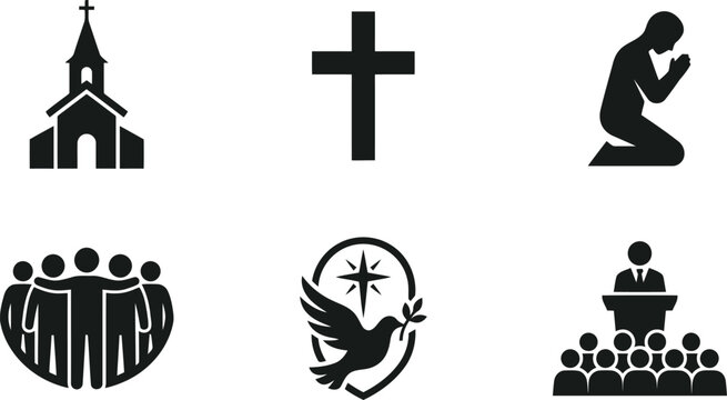 Set of Christian Religious Icons: Church, Cross, Prayer, Community, Dove, Preacher