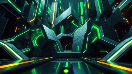 Fototapeta premium Futuristic tunnel glows with neon lights. Geometric shapes create immersive digital space. Dark background emphasizes vibrant colors.