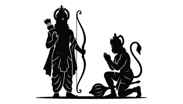 black and white silhouette of Lord Ram and Hanuman very high quality vector illustration.