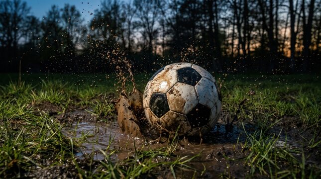 Muddy Soccer Ball Splashing in Outdoor Grass Field at Sunset