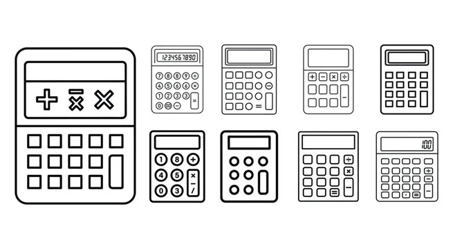 Set of simple black and white calculator icons for business and math