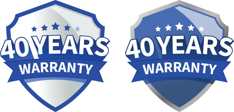 40 year warranty label, logo, icon badge. Glossy minimalist shield in blue and silver. Vector design.