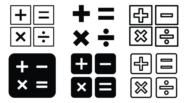 Set of black and white mathematical operation icons for basic arithmetic