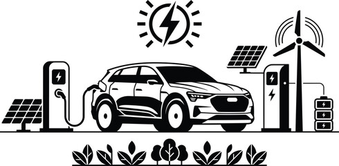 Electric car charging with solar panel and wind turbine © Zabed