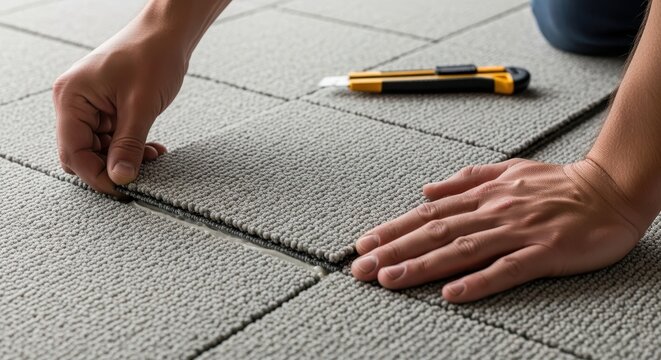 Hands installing carpet tiles with adhesive and cutter on flooring material with site natural light