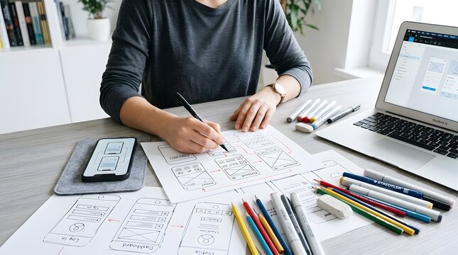 Person sketching mobile application wireframe layouts on paper with markers and a laptop nearby