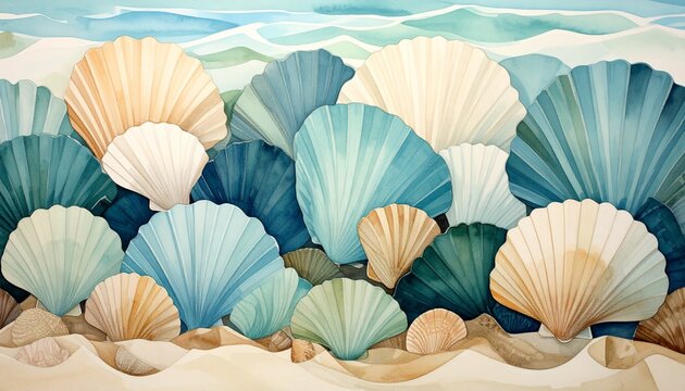 Seashell collection on sandy beach with ocean waves and coastal texture pattern