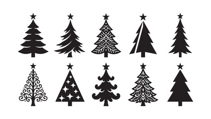 Obraz premium Various stylized Christmas tree designs with star tops isolated on transparent background