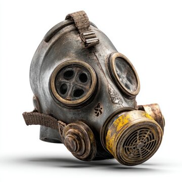 Vintage Gas Mask with Patina: A weathered, old-fashioned gas mask, showing signs of age with rust and dirt, sits ready for protection in a desolate environment.