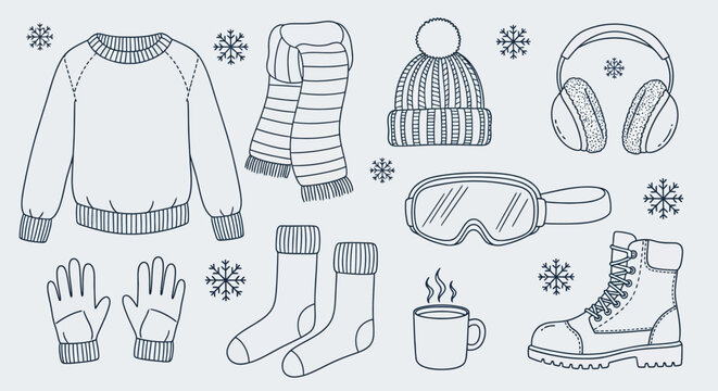 Winter clothing icons, cold weather accessories, snow gear set, vector illustrations