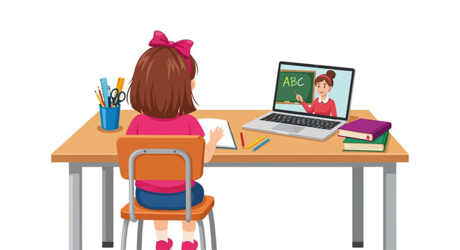 Online learning, remote education, girl on laptop, virtual classroom, e-learning illustration, distance learning, kid on computer