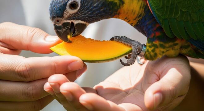 Hands offer fruit to colorful parrot with bright feathers in natural light outdoors.