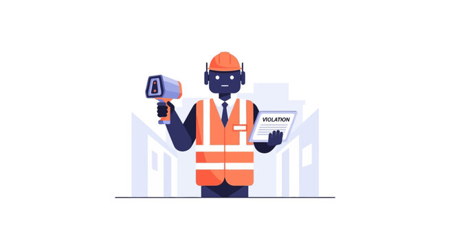 Construction worker with safety vest and helmet holding violation notice and measuring device