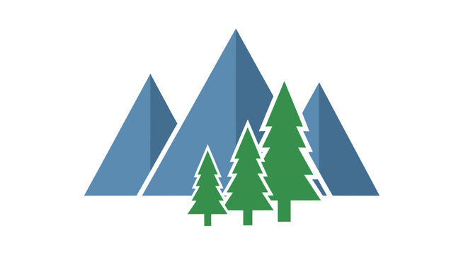 Blue stylized mountain range with green pine trees.