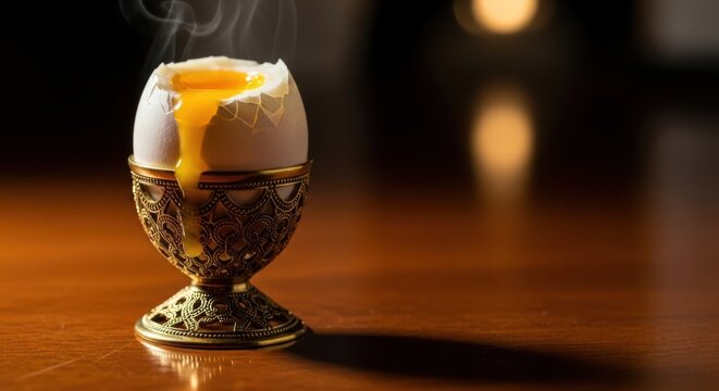 A hot soft boiled egg with runny yolk in a decorative vintage metal egg cup sitting on a dark wooden table in a warm cozy morning kitchen