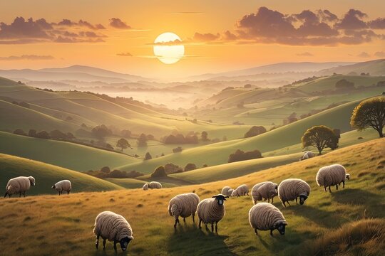 Misty rolling hills landscape with grazing